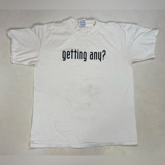 VINTAGE Getting Any Blind Date Graphic T-shirt Men Large White Short Sleeve - Picture 1 of 7
